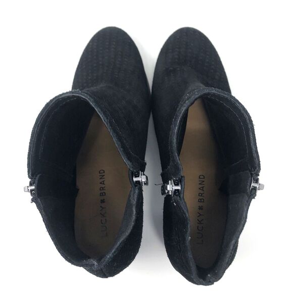 Lucky Brand Pagira Black Suede Ankle Boots Womens 8 Stacked Heel Double Side Zip - Picture 11 of 12